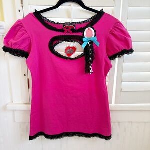 Jessica Louise Bright Pink & Black Lace Trim Puff Sleeve Top Women’s Sz XXL NEW